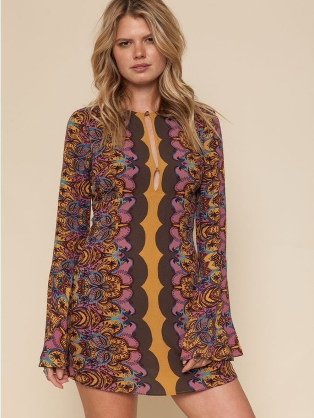 Free People Paisley-Print Long Sleeve Mini Dress in Mustard, Brown & Pink